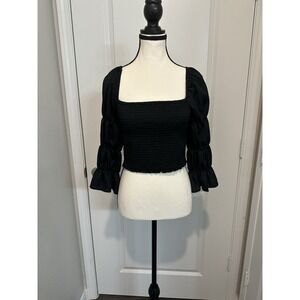 Intimately Free People Black Smocked Puff Sleeve Romantic Coquette Crop Top Sz L